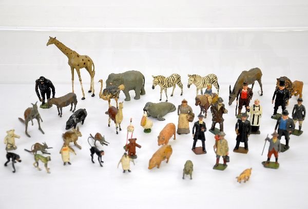 41 Britains Civilians & Animals: Most appear to be Britains. Includes 11 figures, girl on Shetland pony and the rest farm & jungle animals. Most show moderate playwear, C4-7