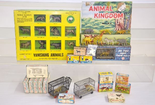 Marx Animal Kingdom Pieces, Many Boxed: Plastic animals. Includes Vanishing Animals set with box; Animal Kingdom store display set; 6 boxed cage sets with 2 built-up; 5 boxed animals & 4 empty boxes to blue ribbon dogs series. All appear li