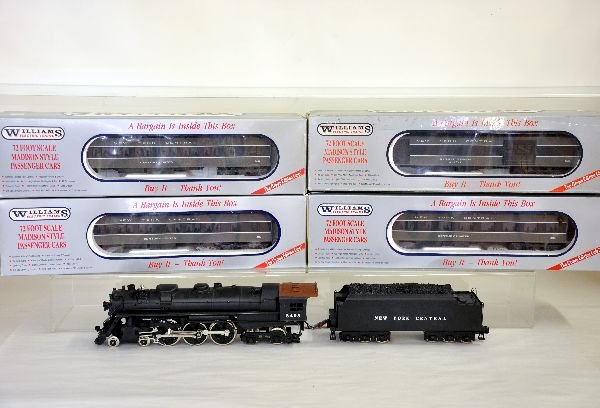 Williams NYC Passenger Set: 4-6-4 Hudson locomotive with whistle, tender truck side frame reattached; 4 -72ft scale heavyweights, baggage, 2 coaches, observation, all show light runtime with car boxes only, C7+-8