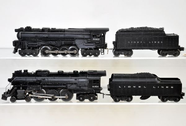 Lionel 2056 & 2020 Locomotives: 2056 Hudson; 2046W tender; 2020 loco, 1946 version with smoke bulb; 2644WX tender. Both show light to moderate playwear, C7