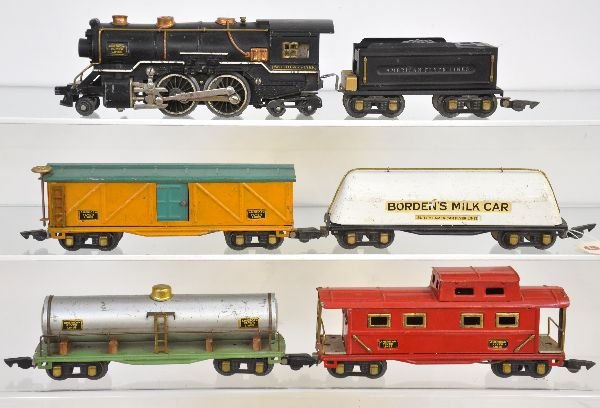 6Pc American Flyer Scale Freight Set: Includes an early 423 2-4-4 Atlantic with 416 tender; 408 boxcar; 412 Boarden's Milk Car; 411 Caboose. All show moderate playwear with link couplers, C5-6