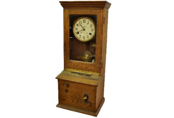 Simplex Oak Case Time Clock: Simplex Time Recorder Co., Gardner, MA 15X12X38" oak case with reverse stenciled on glass door. Has original keys and runs, but time isn't guaranteed. Case has its original finish and shows moderate w