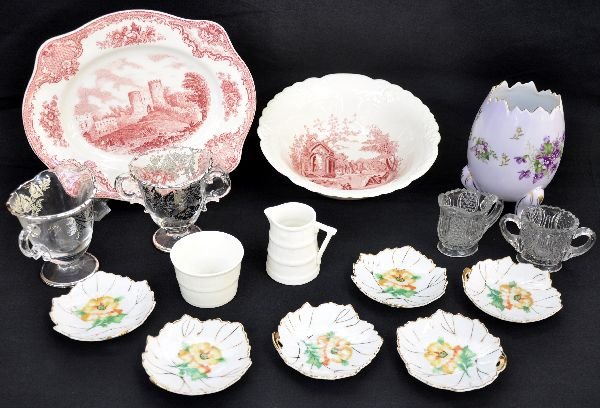 Estate Glass & China Lot: Includes clear sugar & creamer with silver overlay; Staffordshire "Castles" transfer ware platter; English Abbey 9" scalloped serving bowl; Depression creamer & sugar and more. All appear to be free f
