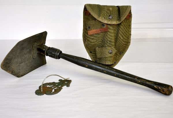 WWII Army Spade & Key Holder: Includes a nice trench shovel with canvas cover stamped US; Early Tin key or receipt holder. Examine photos, or call for more information