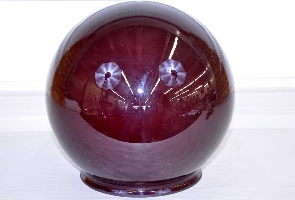 Scarce Large Ruby Glass Fire Globe: Came out of an old fire house's ceiling mounted warning light. It is deep ruby, 11" across. Had to have a very bright bulb to illuminate this, but has awesome rich color. The rim shows some light wear