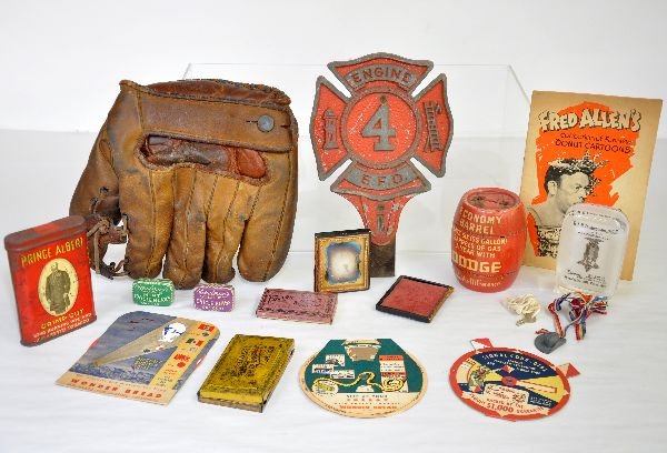 Group of Interesting Vintage Items: Includes a 1920s baseball glove; tin penny bank with key from Dodge cars; tintype photo of Victorian male, box worn; Cast Fire Engine #4 bumper shield; war premiums from Wonder Bread & more! Examine p