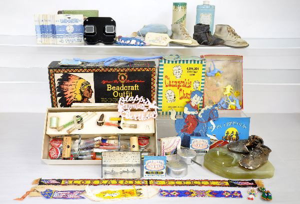 Vintage Child & Baby Items: Nice selection including a boxed Baseball binocular souvenir; Block game; early baby shoes; stork rack was a gift by hospital to new mom in 1940s; Birthday cake toppers with music boxes and more! Exam