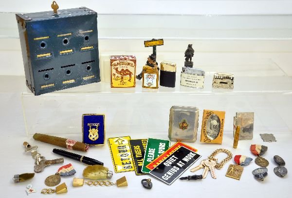 Vintage Group of Souvenirs & Smalls: Includes Brass retractable pencil; National driving safety award pins; Fake Camel Cigarettes, Fake Cigar; Premium tin license plates; 1919 & 1921 PSAL Sports award pins with ribbons; 3 lighters, War p