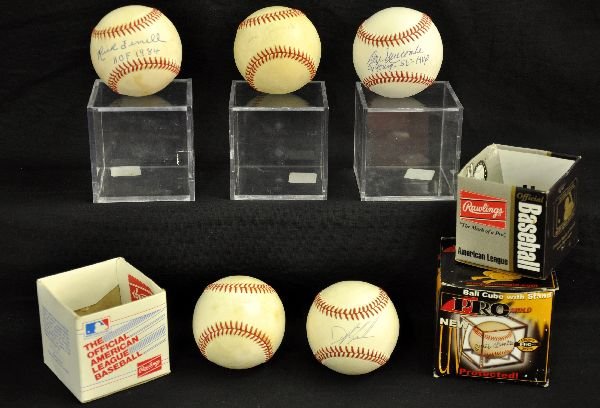 5 Vintage Signed Baseballs: Rick Ferrell Hall of Fame catcher who held the record for playing 1806 games. Rawlings Ball, signature is strong with HOF 1984 signed below. 1956 Cy Young winner signed John Newcombe, Rawlings ball in