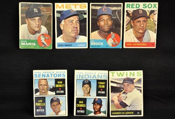 7 1960s Topps Baseball Cards: Includes 177 Harmon Killebrew; 146 Tommy John Rookie card; 472 Lou Brock, creased; 167 Lou Piniella Rookie card; 120 Roger Maris, creased & scuffed; 210 Carl Yastrzemski; 155 Duke Snyder with light cr