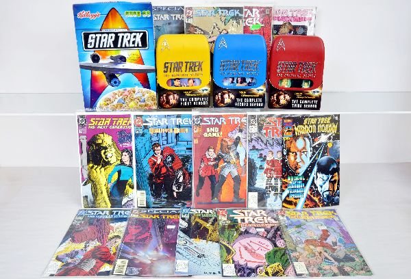 Star Trek DVDs, Comic Books, and Cereal: First three seasons of Star Trek The Original Series on DVD unopened in original boxes. 70 various Star Trek Comic books, all in plastic packaging. Box of Kellogg's Limited Edition Star Trek Cereal, b