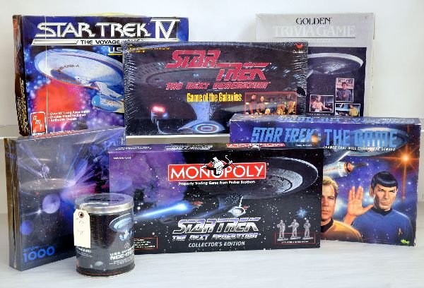 Various Star Trek Board Games: Star Trek Monopoly, Trivia game, "Game of the Galaxies", "Journey to the Undiscovered Country" 1000 piece puzzle. Star Trek U.S.S. Enterprise Model kit. Star Trek Strategy game. Star Trek the next Gen