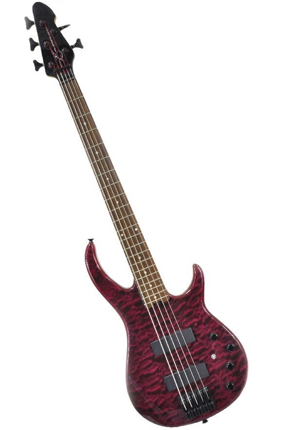 Peavey Millennium Electric Bass: Millennium 5 BXP 5 String electric bass guitar. S/N 05060996. Red quilted maple top finish. Finish has a fair amount of scratches and three contusions. One tone knob missing. Tuning knobs all function