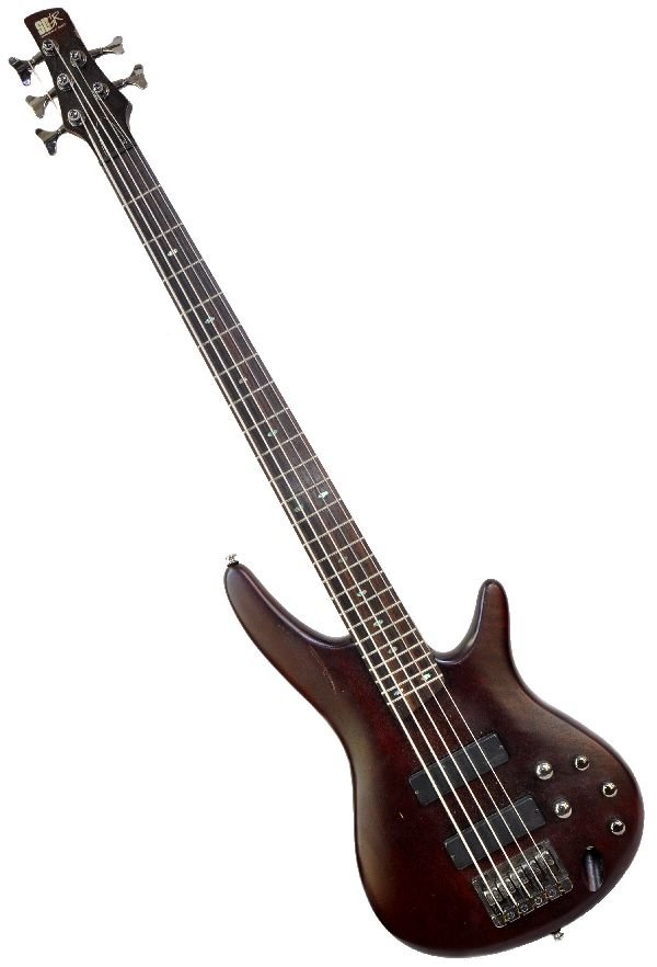 Ibanez SR505 Bass Guitar: S/N CP 05056149, Brown mahogany rosewood finish. Considerable scratching throughout. Minor fret wear. All electronics, tone, volume tuning knobs all functional. Neck appears to be true. Examine photos