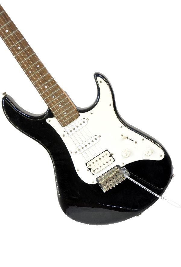 Yamaha EG 112 Strat Style Electric Guitar: S/N 90803015. Solid black finish with white pick guard. Has considerable scratches, E and D string tuning knobs have minor dents, however all five are functional along with knobs, Tremelo bar & tone s