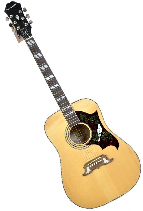 Epiphone Dove Acoustic Guitar: Acoustic guitar, S/N 0911232715 has a natural wood finish on face and red maple back and sides. Mother of pearl fret inlays and winged inlays in the bridge, along with dove pickgaurd. Grover tuning kn