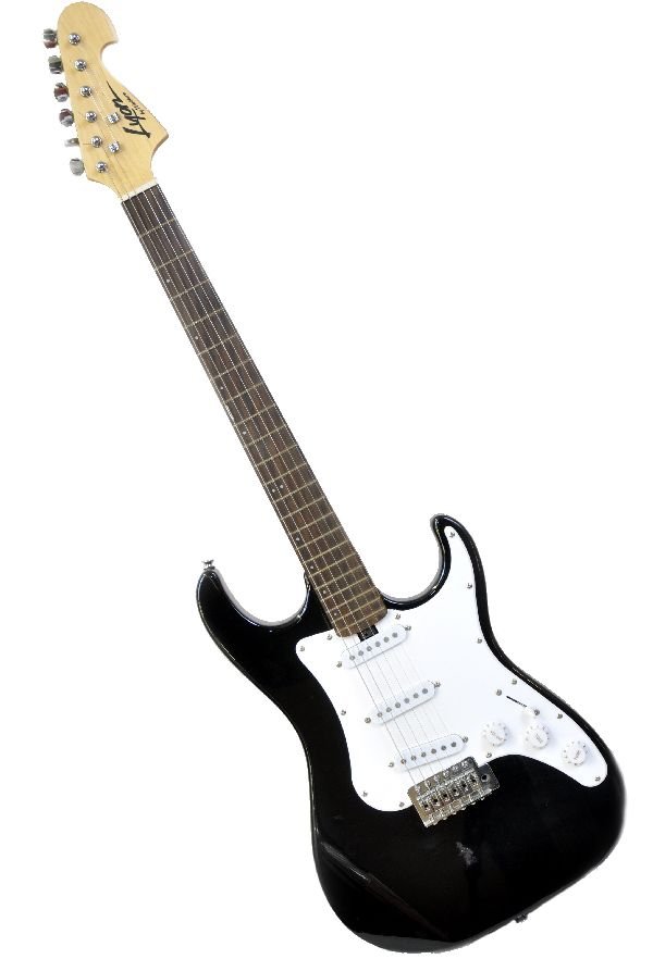 Lyon Stratocaster Style Electric Guitar: Lyon by Washburn electric guitar comes in a black finish with white pick guard. Minor fret wear. Spots of sticker residue on body. Small chip in finish underneath base of neck. All knobs, and pickup s