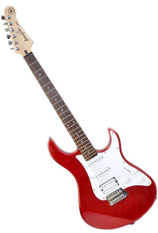 Yamaha Pacifica Electric Guitar: S/N d1x223364. Guitar is in a red metallic finish with white fret board. Moderate play wear to body and pick guard. Frets show minor wear. All knobs and pickup selector appear to be functional. Neck h