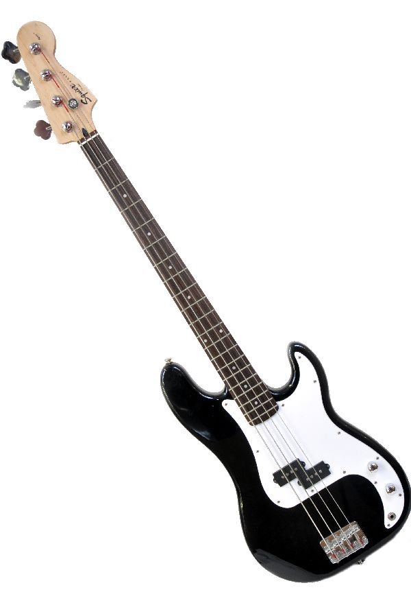 Fender Squire P-Bass Guitar: S/N IC070636349. Black finish with white fret board. Guitar shows minor play wear and belt rash. Neck has considerable bow. All knobs appear to be functional. Examine photos or call for more informati