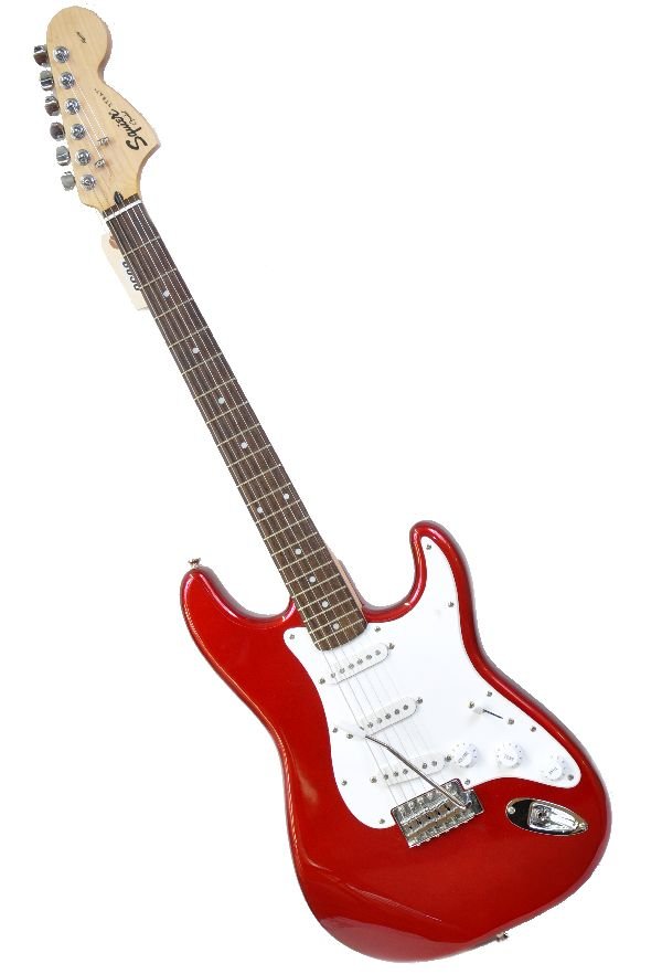 Fender Squire Affinity Stratocaster: S/N IC040647648. Guitar is in a red metallic finish with white pickguard. Minor pick and belt rash. Minor fret wear, neck has minor bow. Truss rod appears to be functional along with knobs, pickup sel
