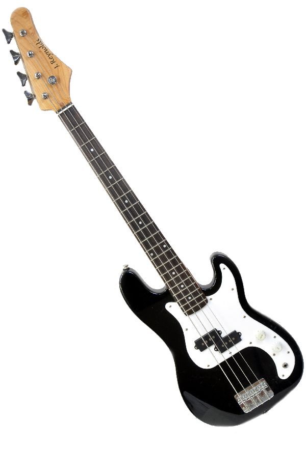 J Reynolds 4-String Bass Guitar: Bass guitar has a gloss black finish with white pick guard and knobs. Minor play wear. Discoloration in volume knob. All knobs appear to be functional. Neck appears to be straight. Comes with Peavey g