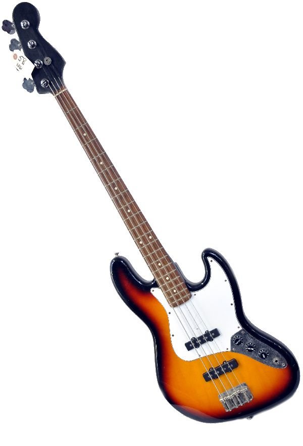 Fender Squire P-Bass Guitar: Sunburst finish with white fret board and metallic knob board. Neck and Headstock have been repainted. Paint is chipped and scuffed throughout. Considerable fret wear. Neck has moderate bow, Struss ro