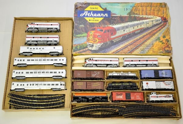 2 Boxed Athearn HO Burlington Train Sets: Includes 4101-2 Burlington Diesel freight with F7 AB diesels & 9 freight cars & track; The President set with a Burlington F7AB diesels with 4 matching passenger cars, track & display insert/ Both set