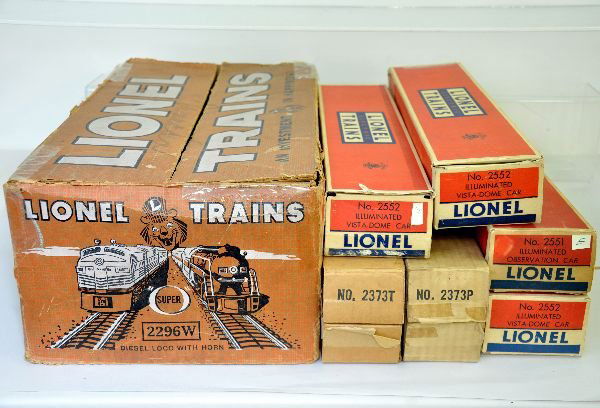 Empty Lionel 2296W Boxes & Set Box, Plus: Here is your chance to box up your 1957 CP set! Includes all the train boxes with 1 car box taped, 2 missing tuck flaps, loco boxes are C8+; Super O track & some peripherals, plus the scarce set box w