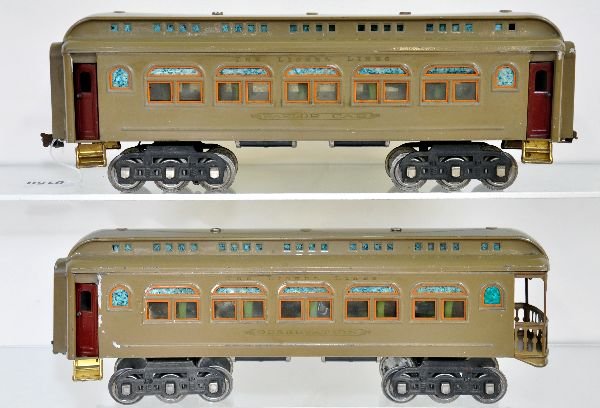 Lionel 418 & 490 Passenger Cars: ST Ga. Includes a 418 Pullman & 490 observation, both being clean & shiny with orange trim & 6-wheel trucks. 490 has some flaking on roof, but they only show light to moderate playwear, otherwise C6+-