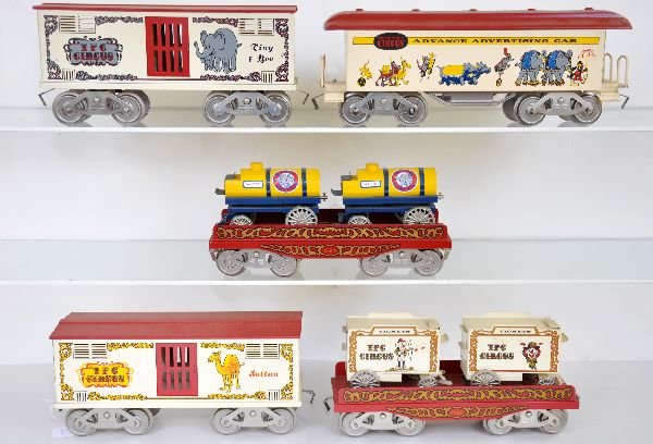 5 Mc Coy TPC Circus Cars: ST. Ga. Includes 256F water tank flat, tank wheels fatiguing; Advertizing car; flat with ticket booth wagons, wheels solid; Tiny & Roo cage car; Sultan cage car. All show light wear, C7+-8