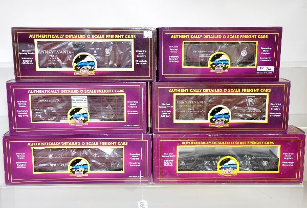 6 MTH Premier PRR Freight Cars: Includes 20-98400 coil car; 20-90327E hopper; 20-98001 gondola; 20-94503 stock car; 20-94009 reefer; 9302L boxcar. All show light runtime with boxes, C8-8+