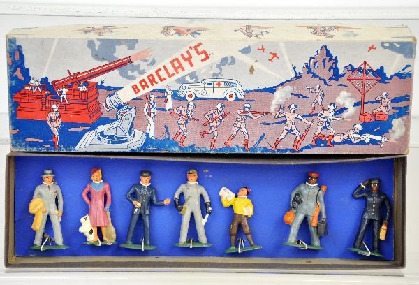 Rare Boxed Barclay Dimestore Figure Set: #50/611 7pc Train figure set. They are tied down to insert and as new with very scarce box, C9 WOW!