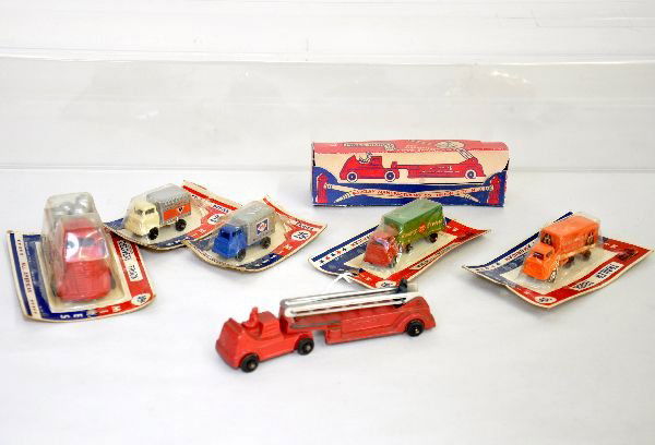 6 Scarce Boxed Barclay Vehicles: Includes large delivery truck with load; Boxed fire truck, minor scratch from ladder, C7; Mini REA tractor trailer; Allied Van Lines tractor trailer; Avis & U-Haul box trucks, all otherwise sealed on