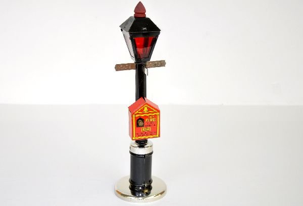 Fantastic Gong Bell Fire Box Street Light: About as good as it gets! Painted & chromed pressed steel, 12 1/2" tall. It is clean & shiny with original island glass inserts, C8