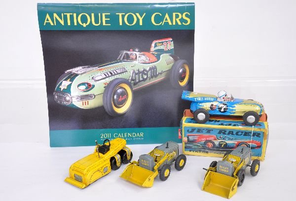 4 Tin Vehicles, Plus: Includes a Boxed HTC Japan, Firebird racer, litho tin, 7" long, plus a 2011 toy cars calendar; 2 Marx 5" litho tin front loaders, 1 missing 2 hub caps; 5 1/2' road roller. All are clean & shiny, showi