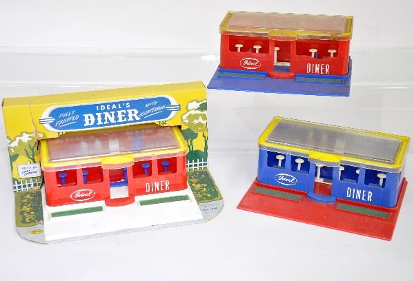 3 Scarce Ideal Diners: 7X5 1/2X3" hard plastic with full interiors. Different variations, all appear intact with one still in its packaging, C7-8