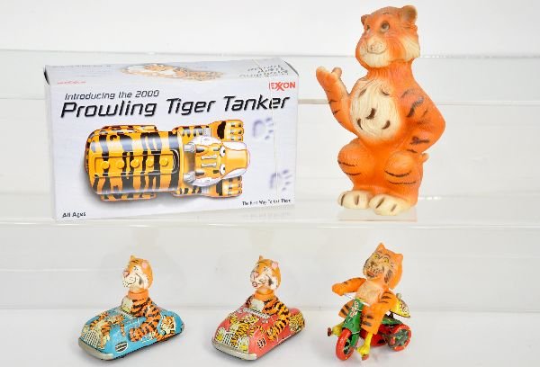 Exxon Tiger Toys: Includes 2 Marx Tiger cars; Tiger cyclist; 9" Tiger bank, marked Humble Oil; Boxed Prowling Tiger new in box. Otherwise mechanisms function showing light to moderate playwear, C6+-7
