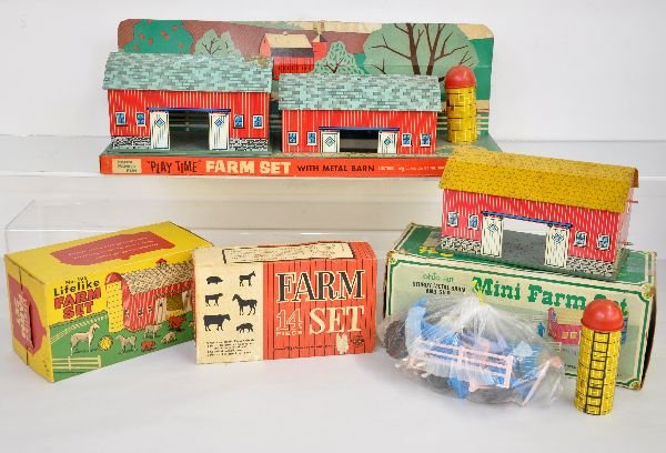 4 Ohio Arts Farm Playsets: Get all variations in one lot! Includes the 194 2pc barn set, missing accessories; 192 14pc barn kit, new in box; 195 Life Like Farm Set with fence & silo, no animals; 193 mini Farm set, appears compl