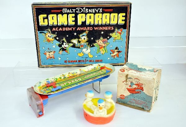 3 Disney Toys: Includes the 18" Ideal Mickey & Donald Speedway, litho tin & plastic marble powered toy, functional, C7-7+; Boxed Sun Rubber Donald Duck's Nephews floating toy, worn ob C7; American Toy Works, Disney'