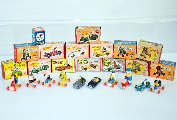 Nice Group(22) Of Marx Rollies Toys: Includes boxed Pluto, Mickey, Goofy, Popeye, Olive Oyl & Whimpy, all in sports cars; 2 empty Donald Duck boxes; Boxed Fun on Wheels Include Bluto, Heehaw, Lady, Tramp, Grando & Louie; Boxed Mickey Rol