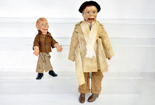 Scarce Charlie Mc Carthy & Mortimer Dolls: This is the 18" Charlie doll. It has the scarce overcoat outfit that rarely shows up. It still has his beret and comes with a stand; Also included is the 13" Mortimer Snerd flex doll. It is a bit toug