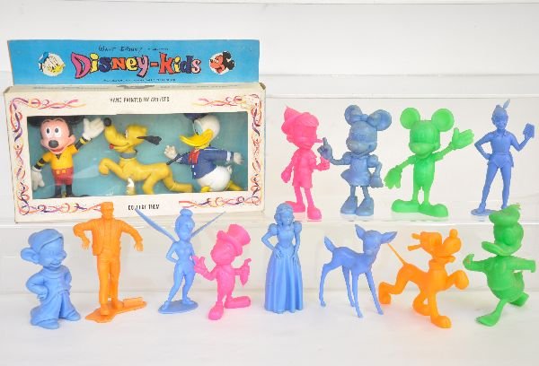 12 Large Marx Disney Figures, Plus!: All about 5 1/2" series figures including a boxed hand painted 3pc set, new in box, C9+; 11 Disney loose figures with the scarce Peter Pan & Tinker bell; Plus a Frankenstein figure. Loose figures show
