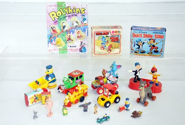 Plastic Disney Vehicle & Figure Lot: Includes a British Marx Rolykins set, sealed on card; Boxed Marx Pinocchio & Jiminy Cricket Duet; Boxed Marx Tom & Jerry Roller Skate; 2 small empty boxes and other toys by Durham, Multiple toys & Oth