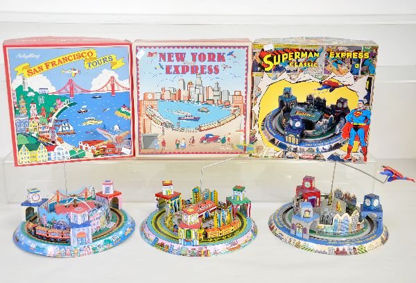 3 Schylling Honeymoon Express Toys: The New York is a reproduction of the wonderful Marx version, while the Superman & San Francisco are nice adaptations with added music features. All are functional with keys and nice boxes. They are l