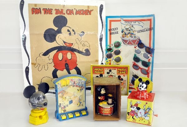 6Pc Mickey Mouse & Disney Toys Lot: Nice assortment of collectibles including a Oceanside Disney sunglasses store display, full, just missing 2 lenses(needs a cleaning); Early Marx Bros. Mickey pin the tail game with box, poster mounted