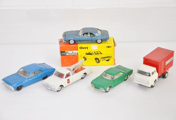 5Pc Diecast Vehicle Lot: About 1:43 scale; Includes a Sabra Cragstan Corvair & Unusual Wrecker; Boxed Bubby Chevy Camero; Inter-City 1971 Chevy Nova SS 4-dr; Shinsei GMC City Truck with tilt cab & opening box doors. All show 