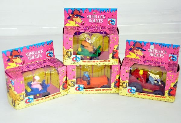 4 Boxed CB Sherlock Holmes Vehicles: Diecast vehicles similar to Polistil, Italy; All different character vehicles, new in boxes, C9