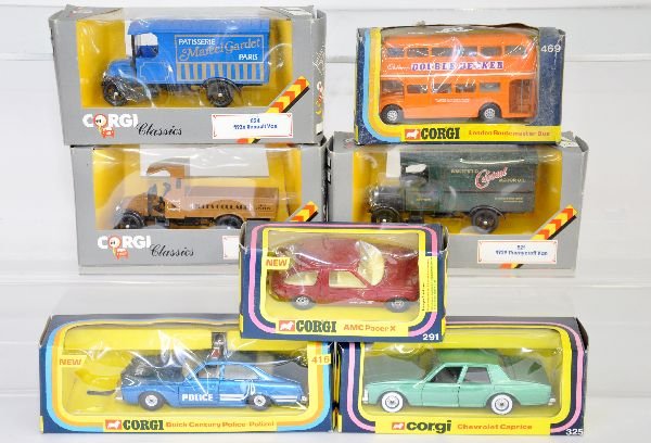 8 Boxed Corgi Vehicles: Includes 416 Buick; 261 Pacer; 325 Caprice; 466 bus (box worn); C824 van & C821 van; 41 State Landau, Jubilee issue; 469 London bus. Vehicles are like new, though some are dusty from display, otherwis