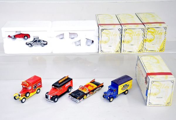 6 Matchbox Premier Vehicles: Includes YPC02-M Coca-Cola van; DYM37597 Michelob Cadillac; CPM05-M Ferrari & Volvo; YYM96508 MOY Coke Van; CPM02-M Corvettes; YY052/B-M Matchbox 1998 van. All appear like new in boxes, C9-9+