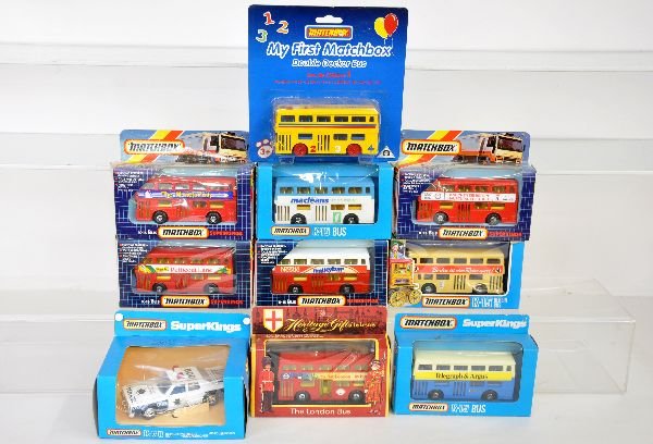 11 Boxed Matchbox SuperKings: Includes a K-15 sealed on card from 1972; K-78 & 8 different K-15 Busses from the 1980s. Plus a 2005 Toy Show K-204 Olds 442 in lime green (no Photo). All vehicles appear like new in slightly shop wor